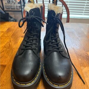 Dr. Martens Black Leather Lace-Up Boots with Cream Fur Lining